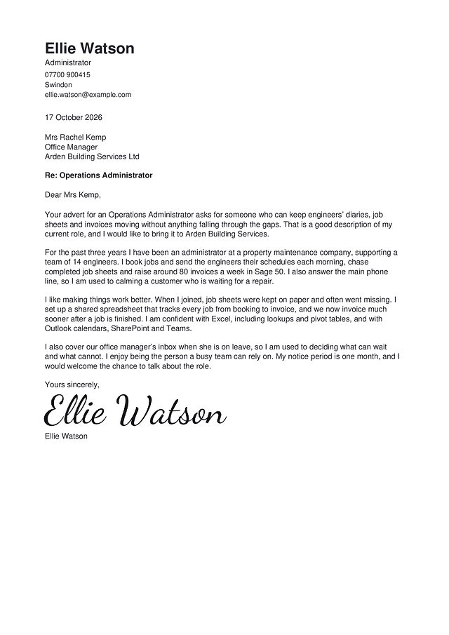 An administrator cover letter in the Kew design, with a made-up name and a typed signature