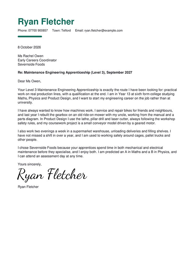 An apprenticeship cover letter in the Starter design, with a made-up name and a typed signature