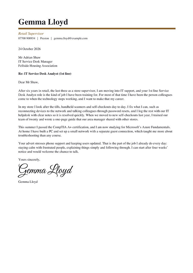 A career change cover letter in the Mayfair design, with a made-up name and a typed signature