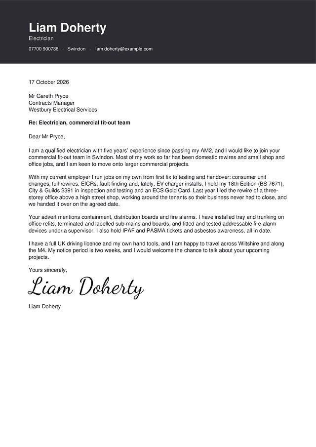 An electrician cover letter in the Leeds design, with a made-up name and a typed signature