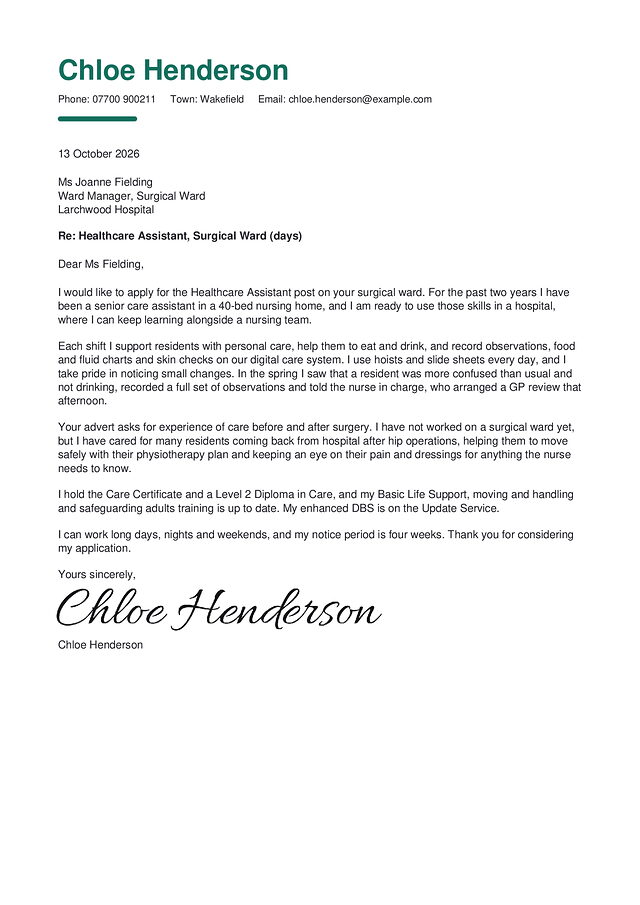 A healthcare assistant cover letter in the Starter design, with a made-up name and a typed signature