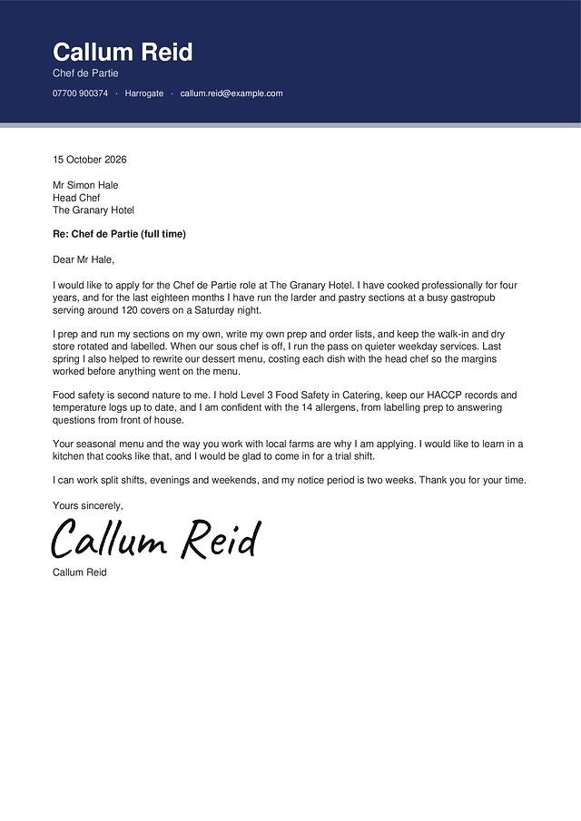 A hospitality cover letter in the Banner design, with a made-up name and a typed signature