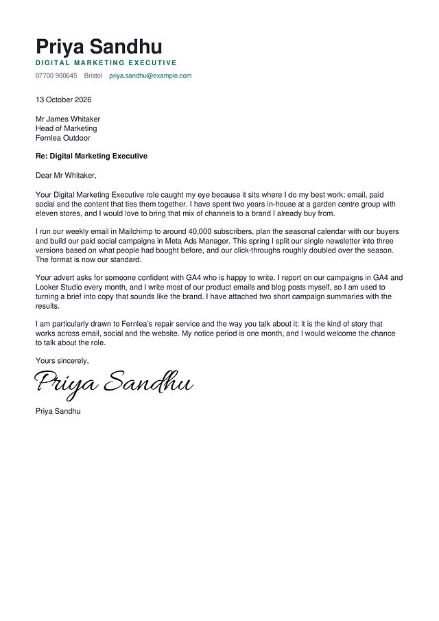 A marketing cover letter in the Shoreditch design, with a made-up name and a typed signature