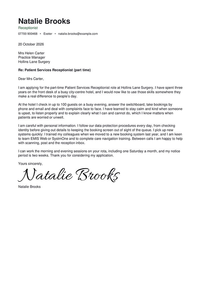 A receptionist cover letter in the Hampstead design, with a made-up name and a typed signature