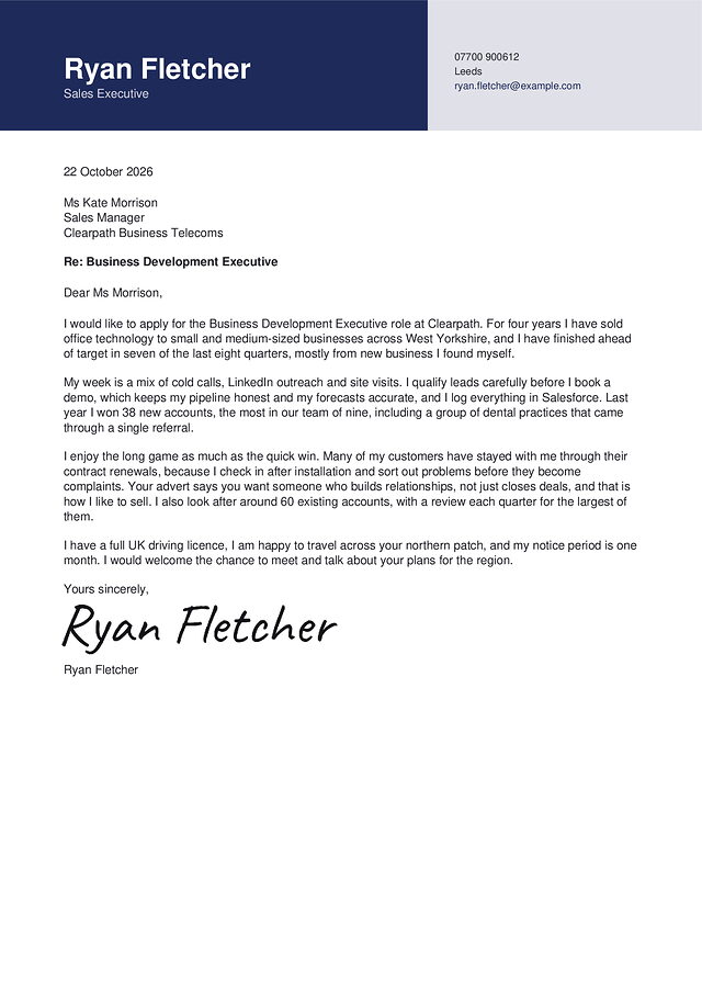 A sales cover letter in the Islington design, with a made-up name and a typed signature