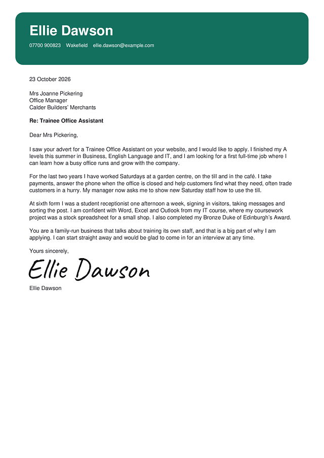 A school leaver cover letter in the Bristol design, with a made-up name and a typed signature