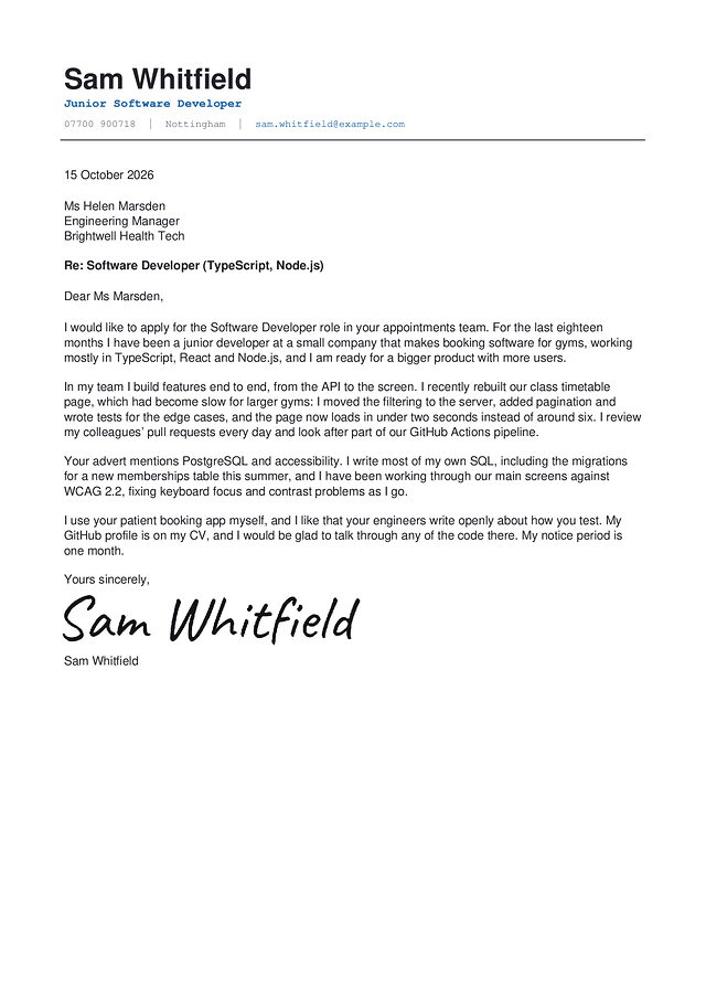 A software developer cover letter in the Manchester design, with a made-up name and a typed signature