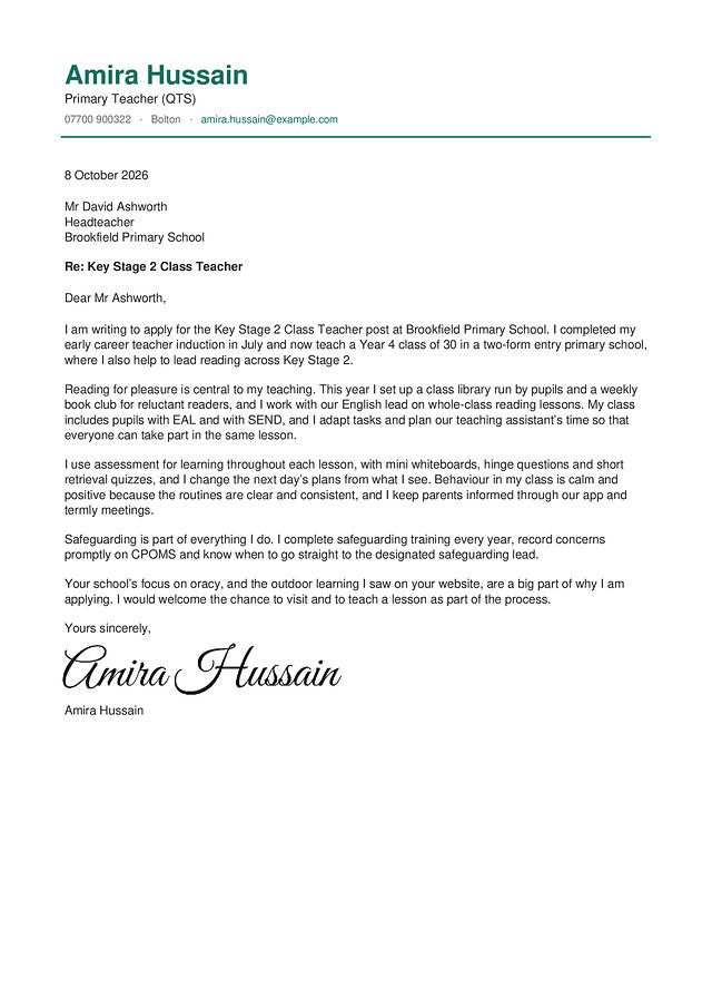 A teacher cover letter in the Timeline design, with a made-up name and a typed signature
