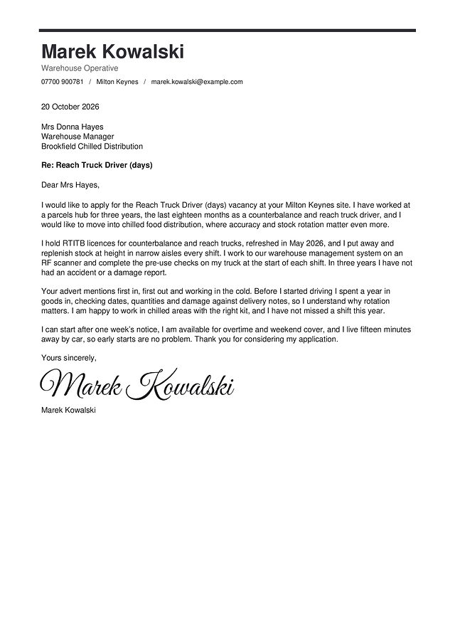 A warehouse cover letter in the Mono design, with a made-up name and a typed signature