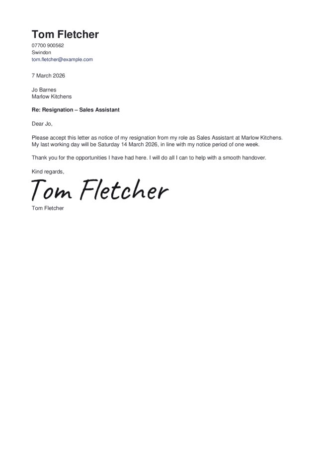 A short resignation letter made with the builder, with a made-up name and a typed signature