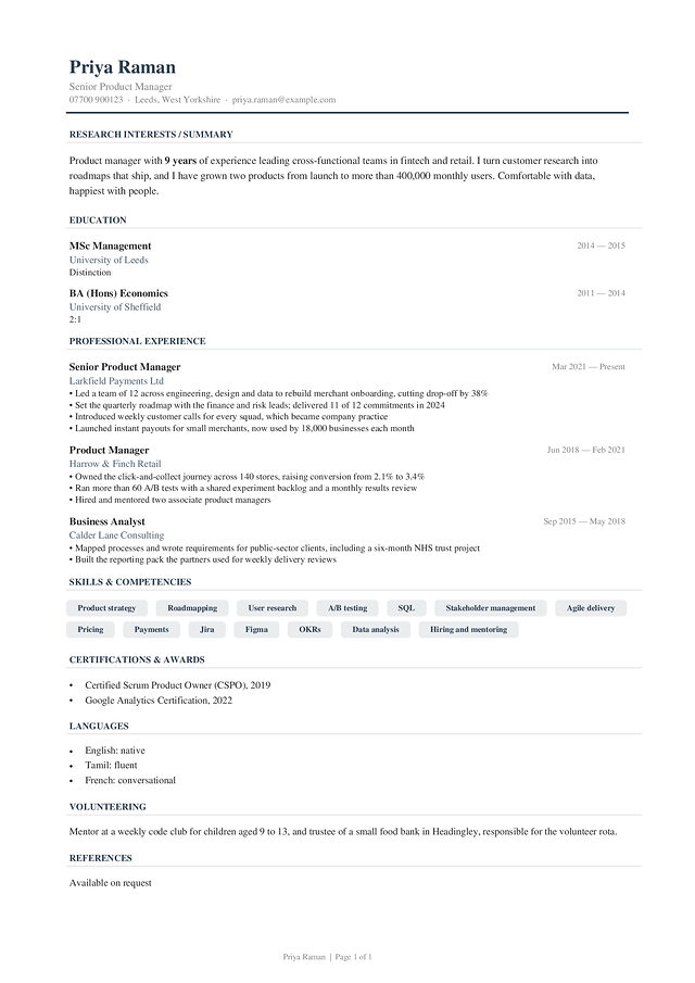 Academic CV template, shown with a made-up sample CV