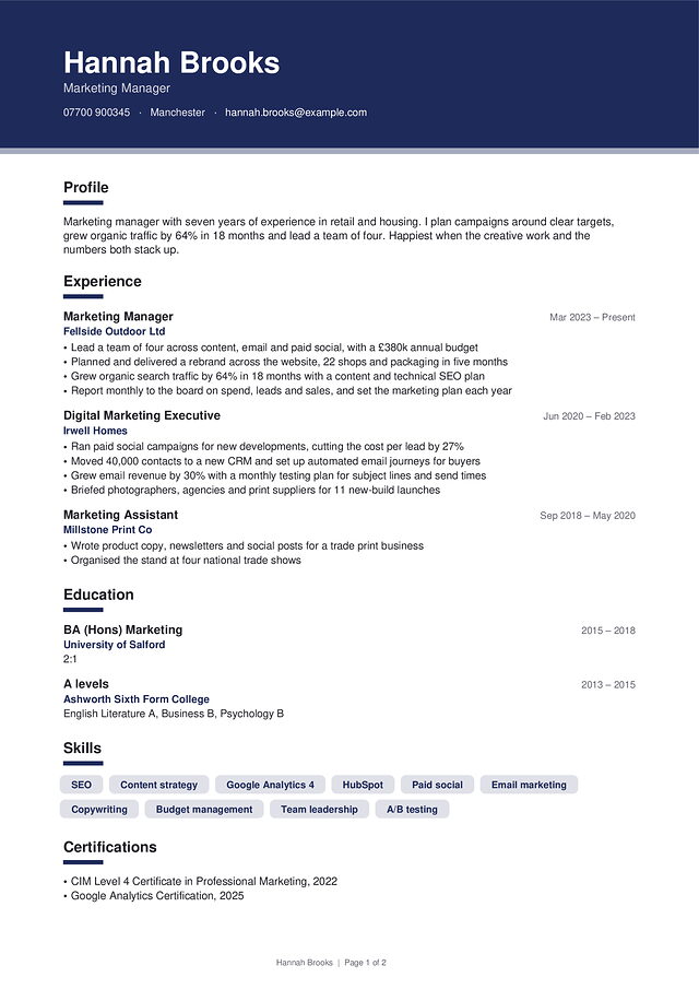 Banner CV template, shown with a made-up sample CV