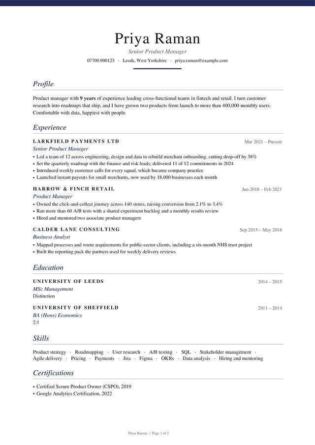 Belgravia CV template, shown with a made-up sample CV