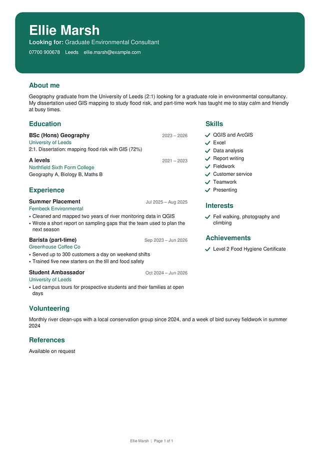 Bristol CV template, shown with a made-up sample CV