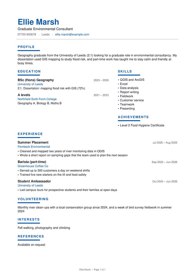 Cambridge CV template, shown with a made-up sample CV