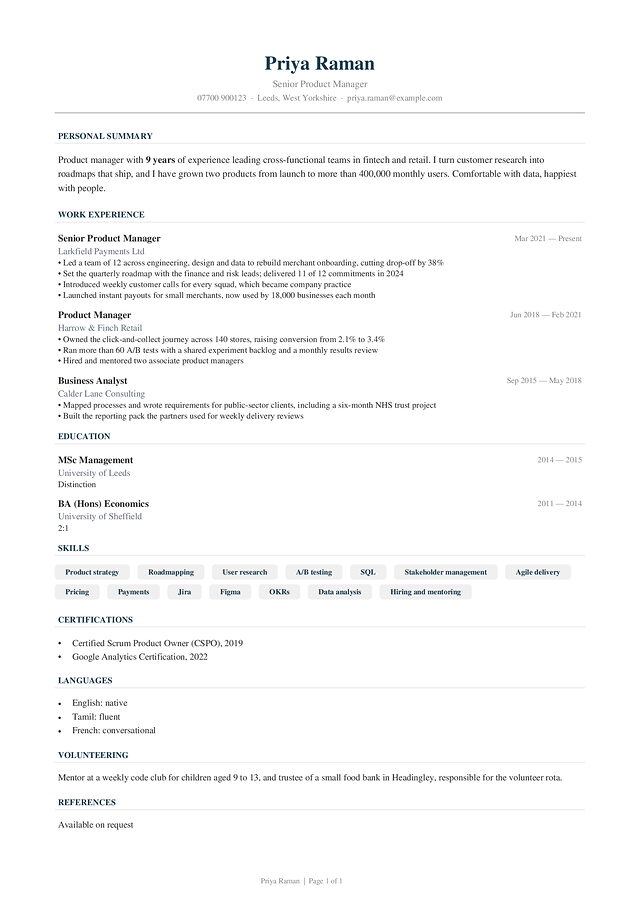 Classic CV template, shown with a made-up sample CV