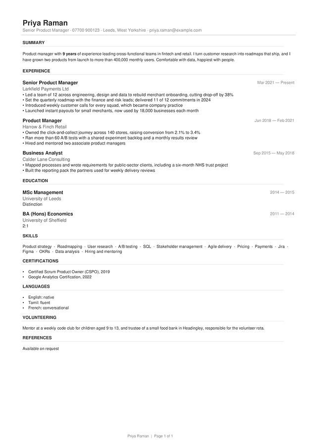 Compact CV template, shown with a made-up sample CV