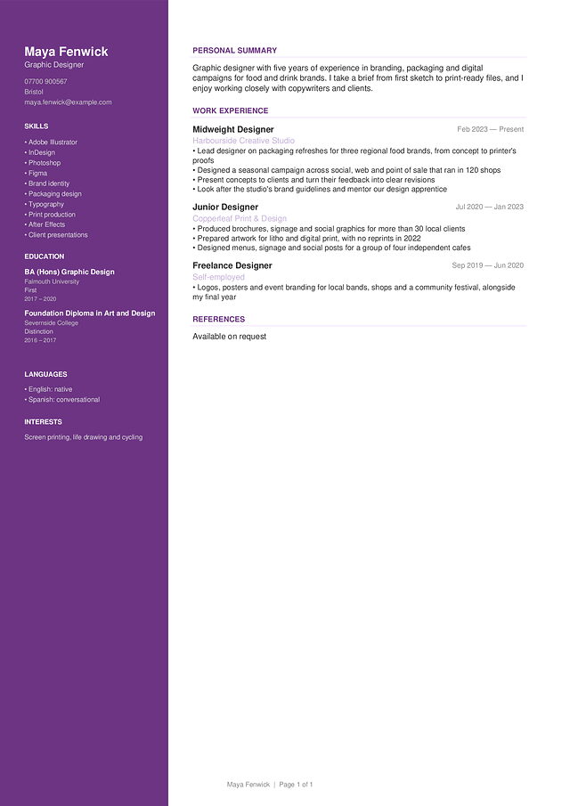 Creative CV template, shown with a made-up sample CV