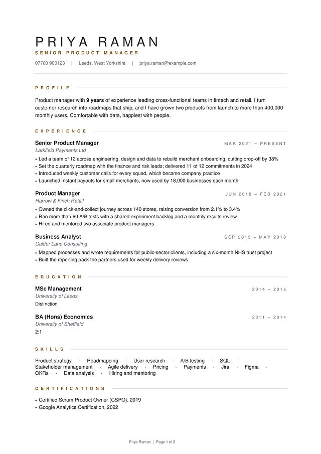 Elegant CV template, shown with a made-up sample CV