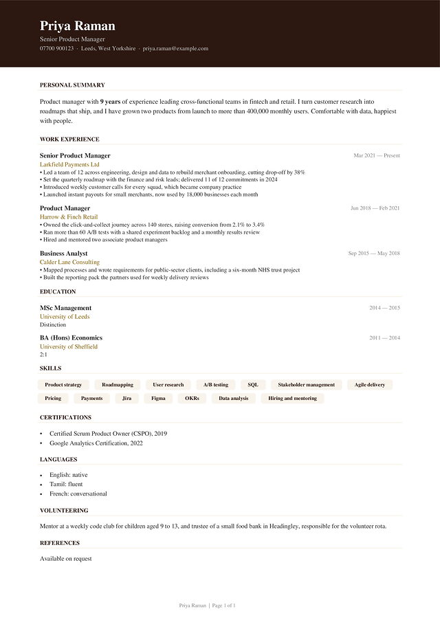 Executive CV template, shown with a made-up sample CV