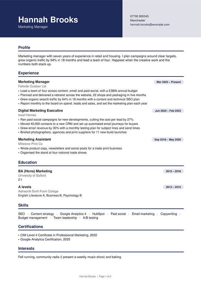 Islington CV template, shown with a made-up sample CV