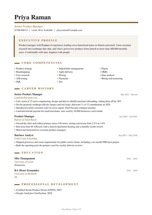 Mayfair CV template, shown with a made-up sample CV