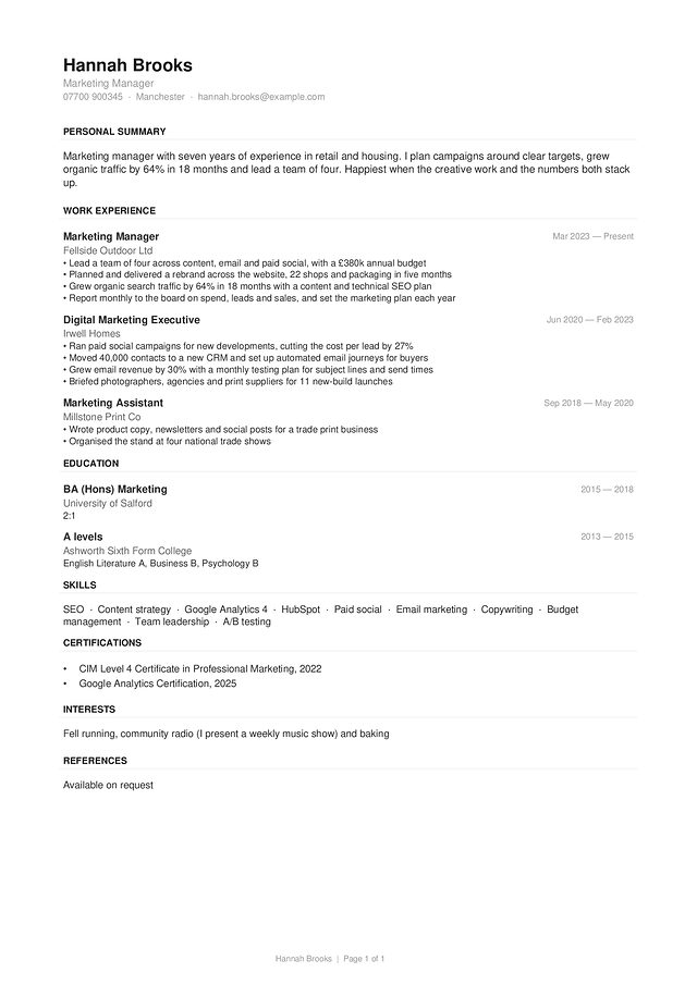 Minimal CV template, shown with a made-up sample CV