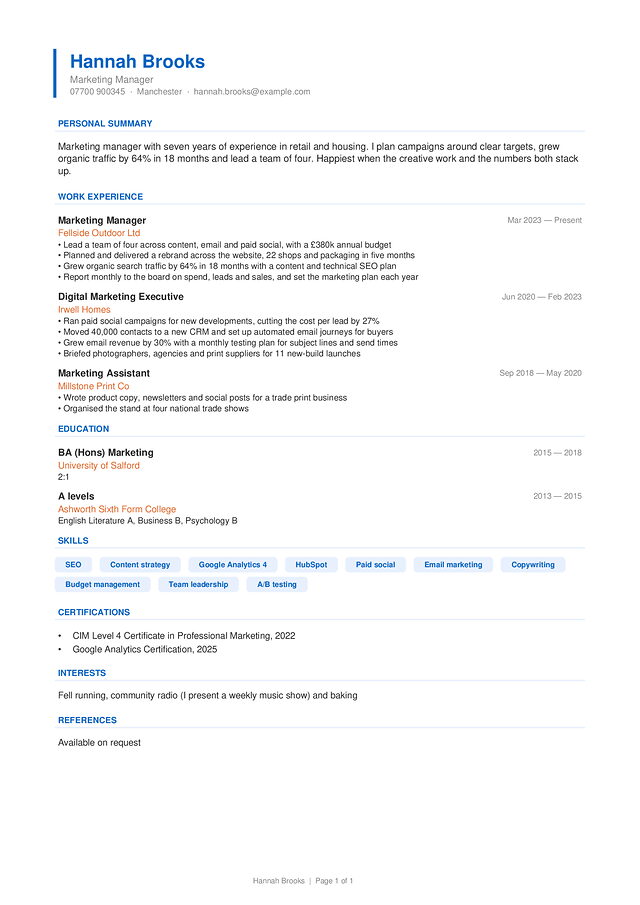 Modern CV template, shown with a made-up sample CV