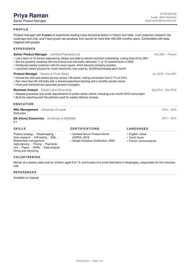 One Page CV template, shown with a made-up sample CV