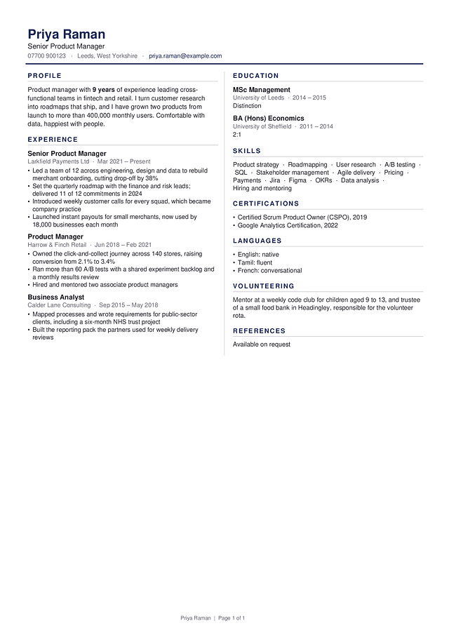Oxford CV template, shown with a made-up sample CV