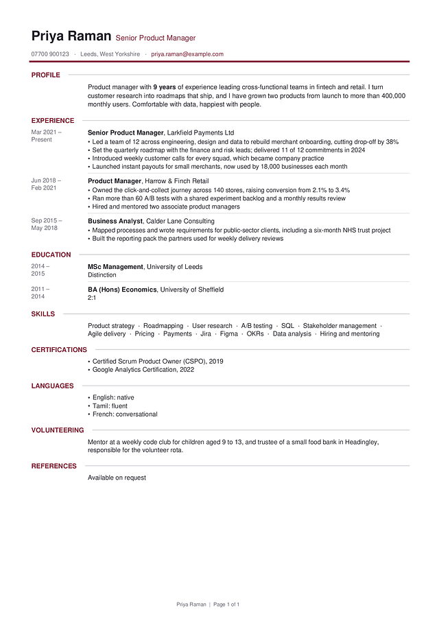 Richmond CV template, shown with a made-up sample CV