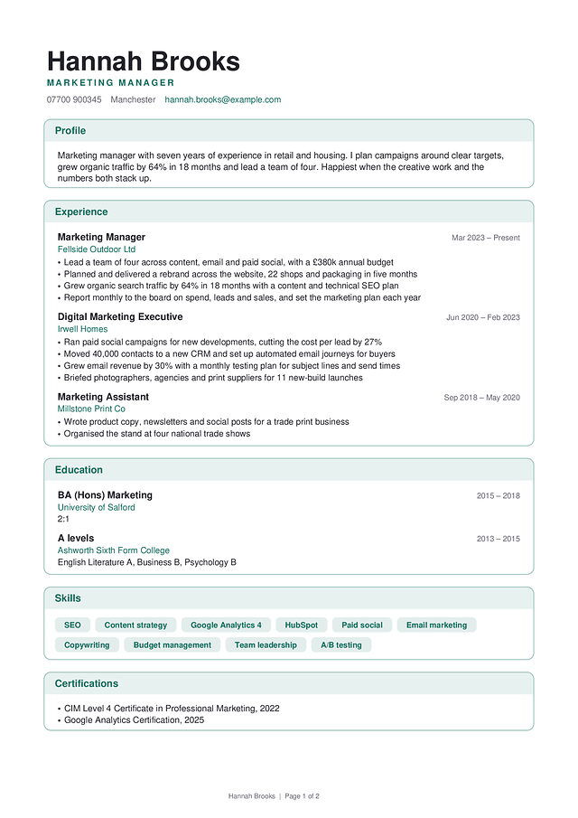 Shoreditch CV template, shown with a made-up sample CV