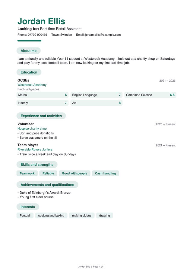 Starter CV template, shown with a made-up sample CV