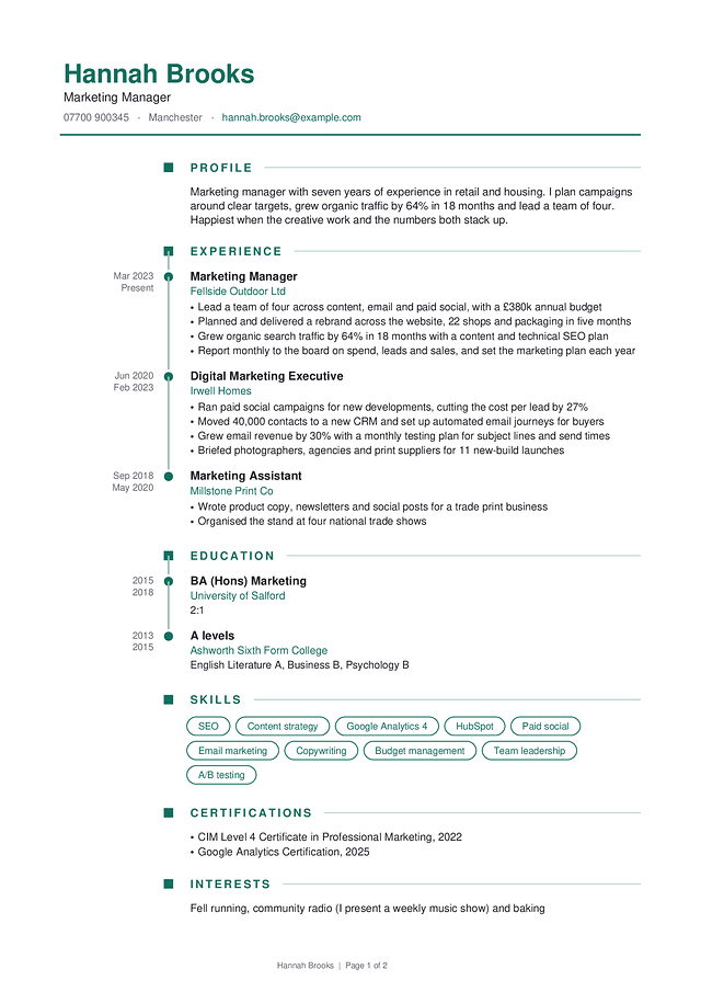 Timeline CV template, shown with a made-up sample CV