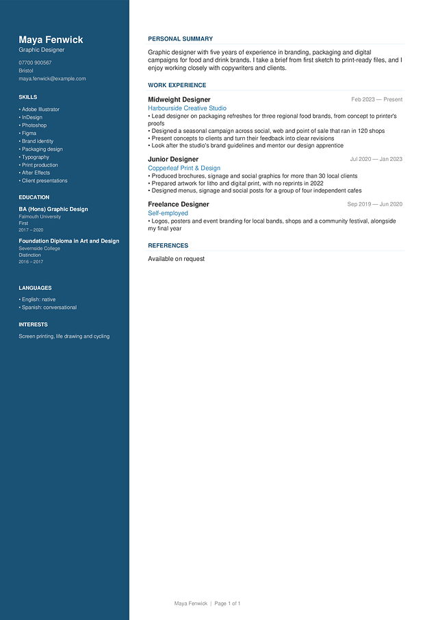 Two Column CV template, shown with a made-up sample CV